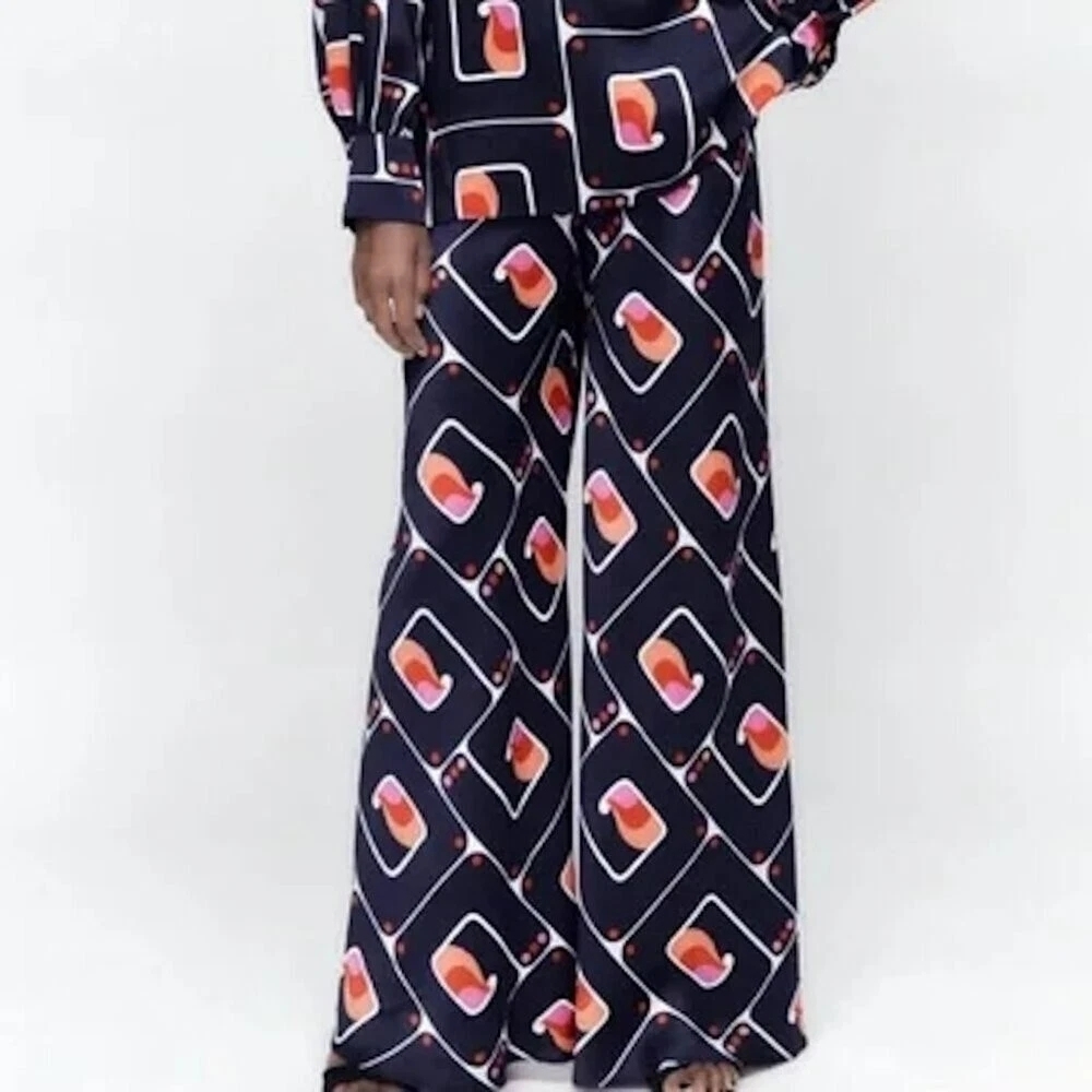 Zara Geometric Patterned Wide-Leg Pants Size XL